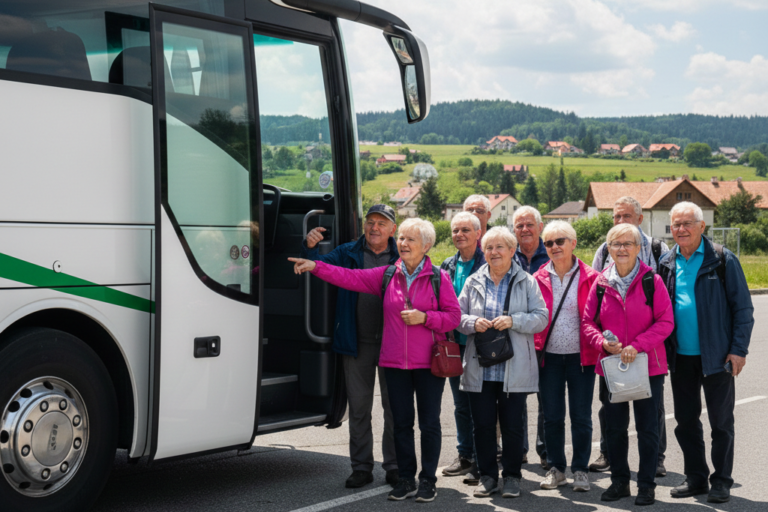 seniorzy obok autokaru wycieczkowego