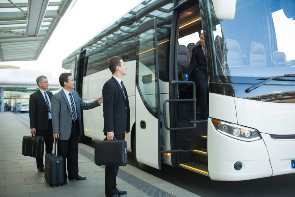 kierowca autokaru zapraszający biznesmanów do pojazdu