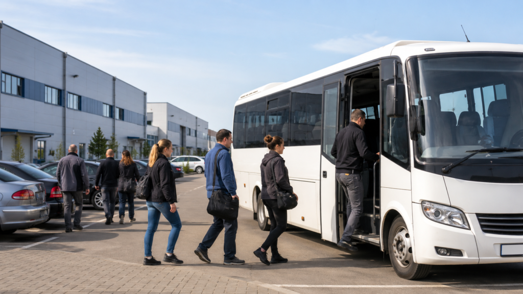 pracownicy wsiadają do autobusu na parkingu