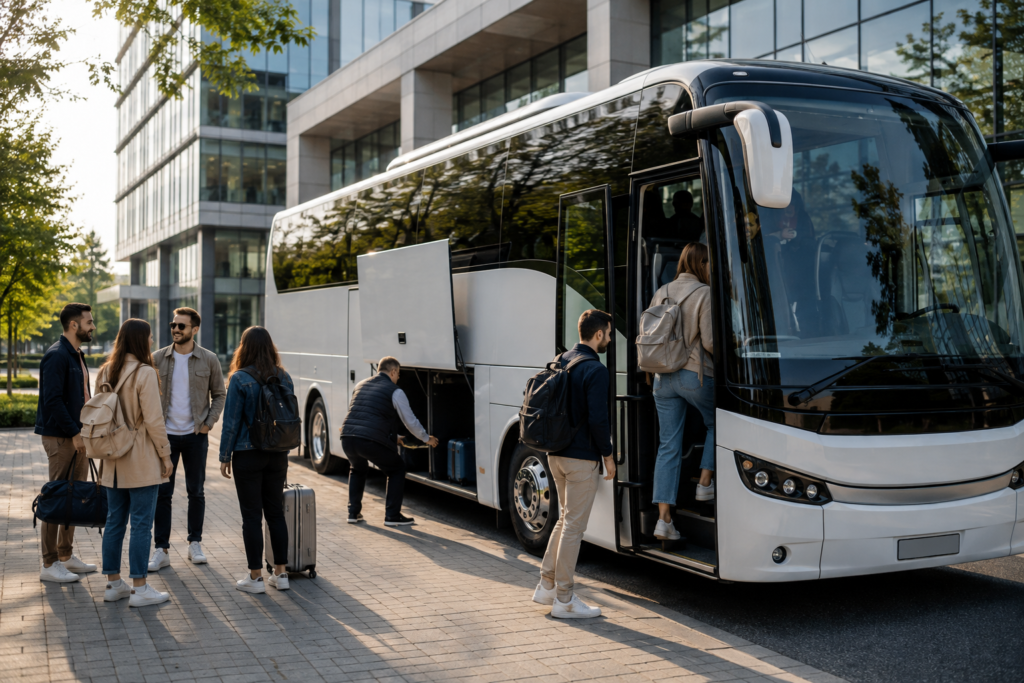 pracownicy wybierający się na wyjazd integracyjny autokarem
